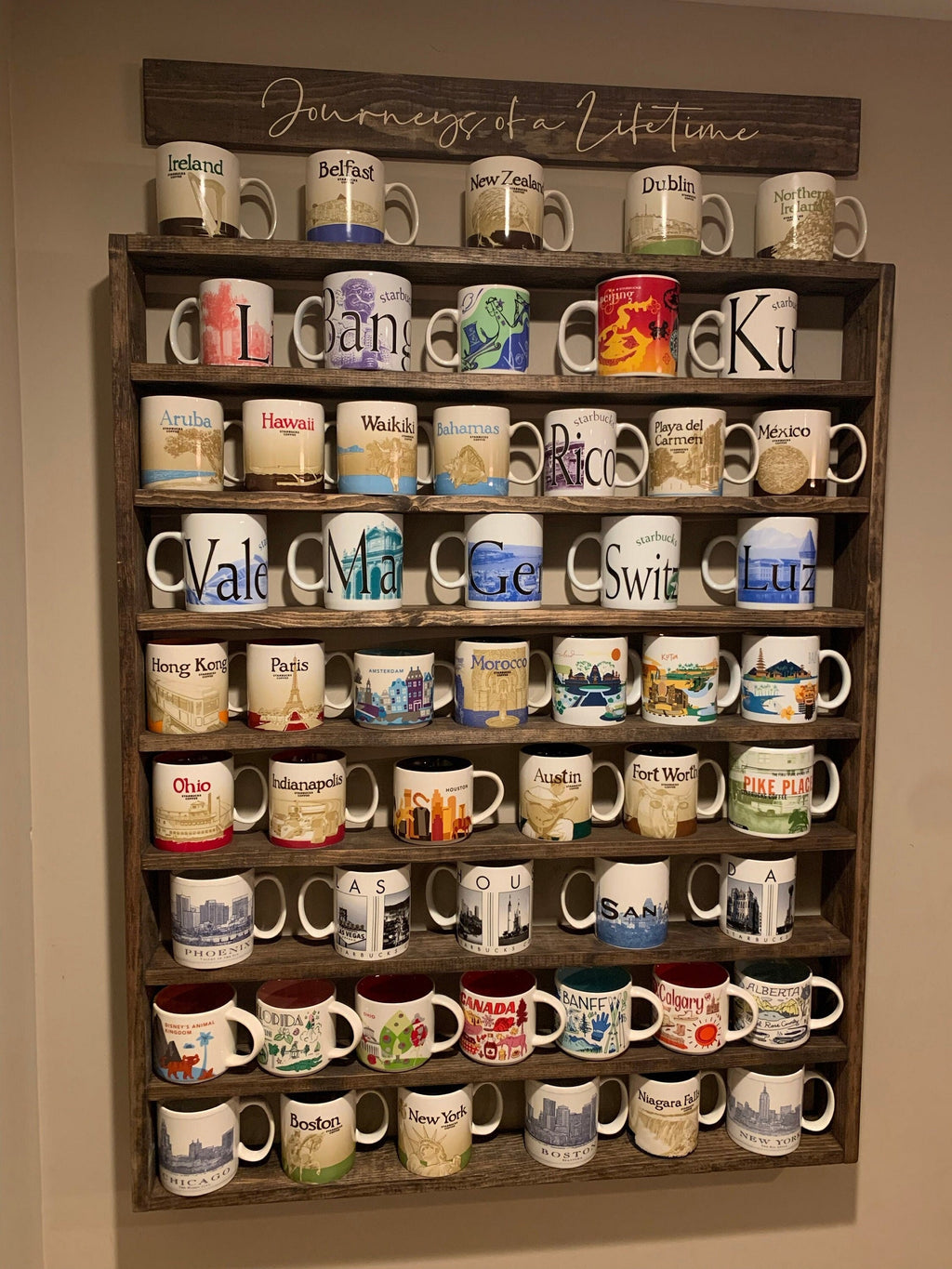 You Are Here Mug Rack – XL Wood Coffee Mug Display Shelf | Holds 16–72 Mugs