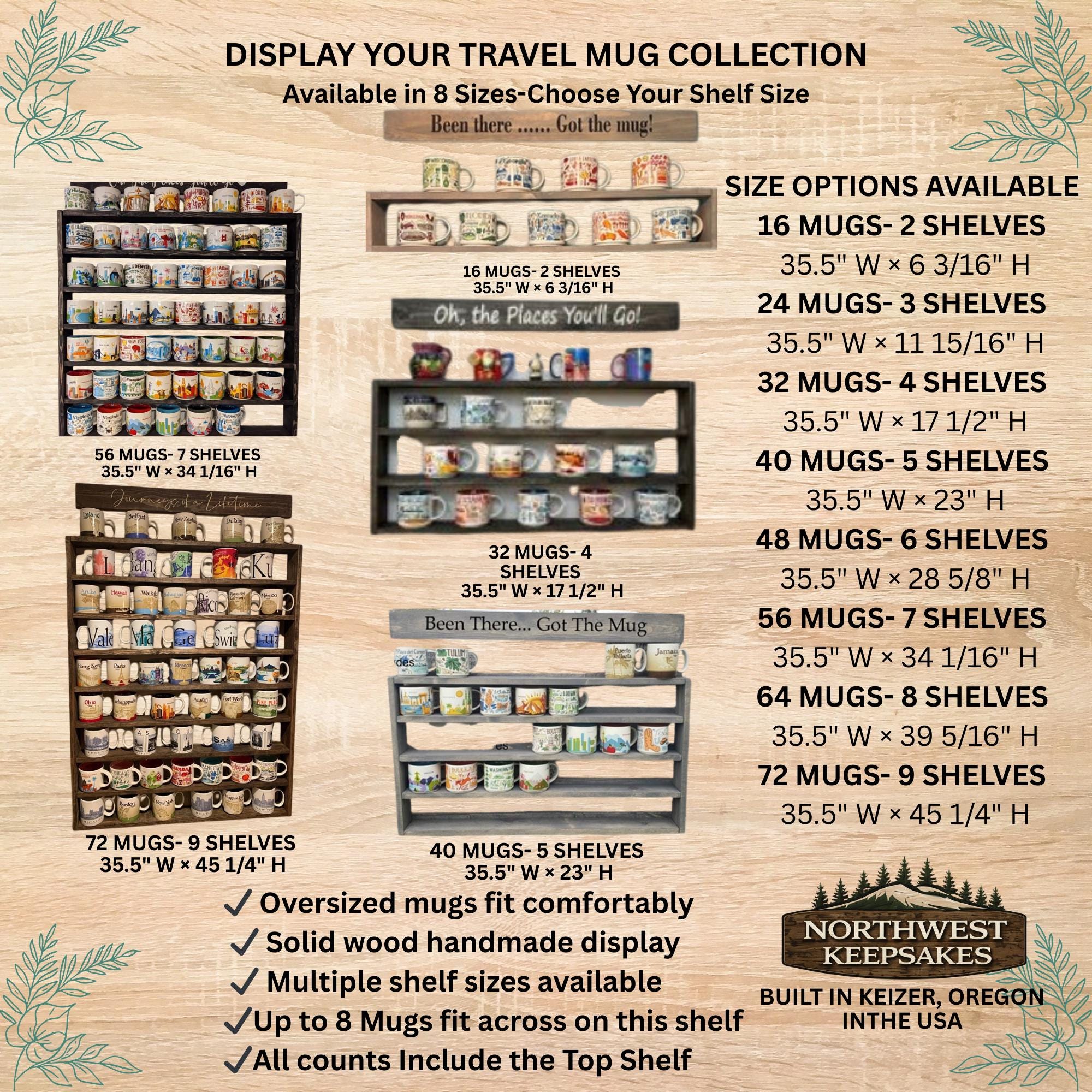 You Are Here Mug Rack – XL Wood Coffee Mug Display Shelf | Holds 16–72 Mugs